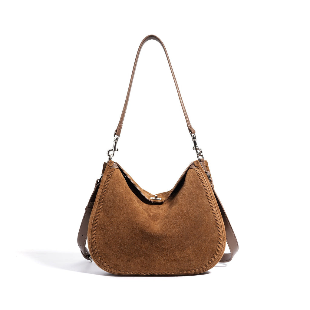 Borsa a tracolla in vera pelle color cuoio, stile casual autunno inverno, design cilindrico con doppie tracolle