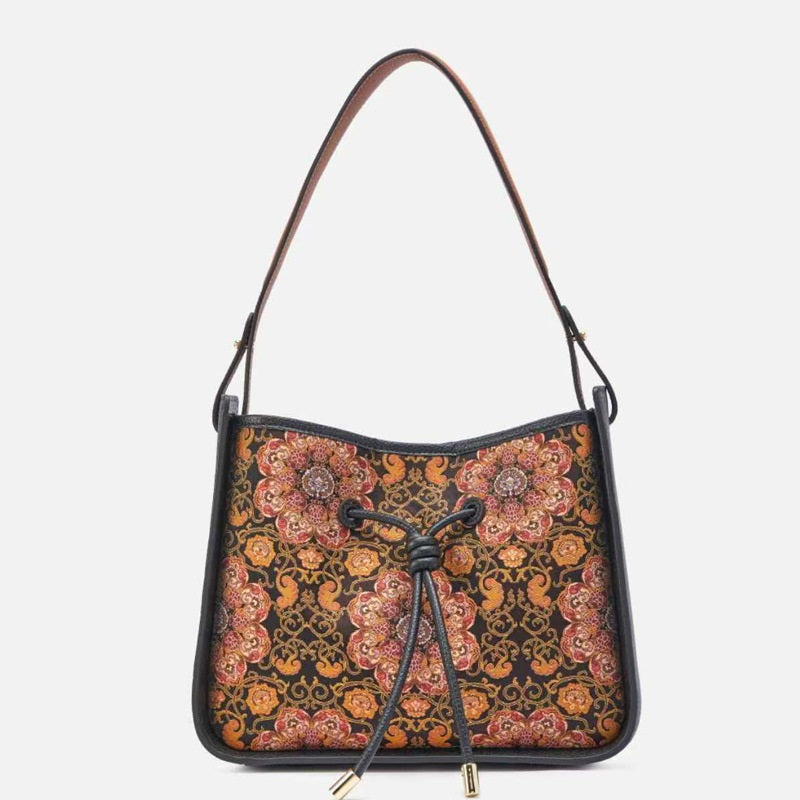 Borsa Hobo in Pelle e Seta di Gelso con Stampa Etnica — Grande Capacità - AYA BORSE 