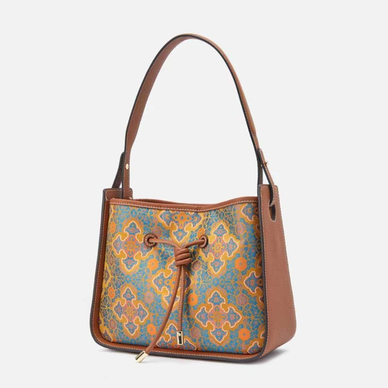 Borsa Hobo in Pelle e Seta di Gelso con Stampa Etnica — Grande Capacità - AYA BORSE 