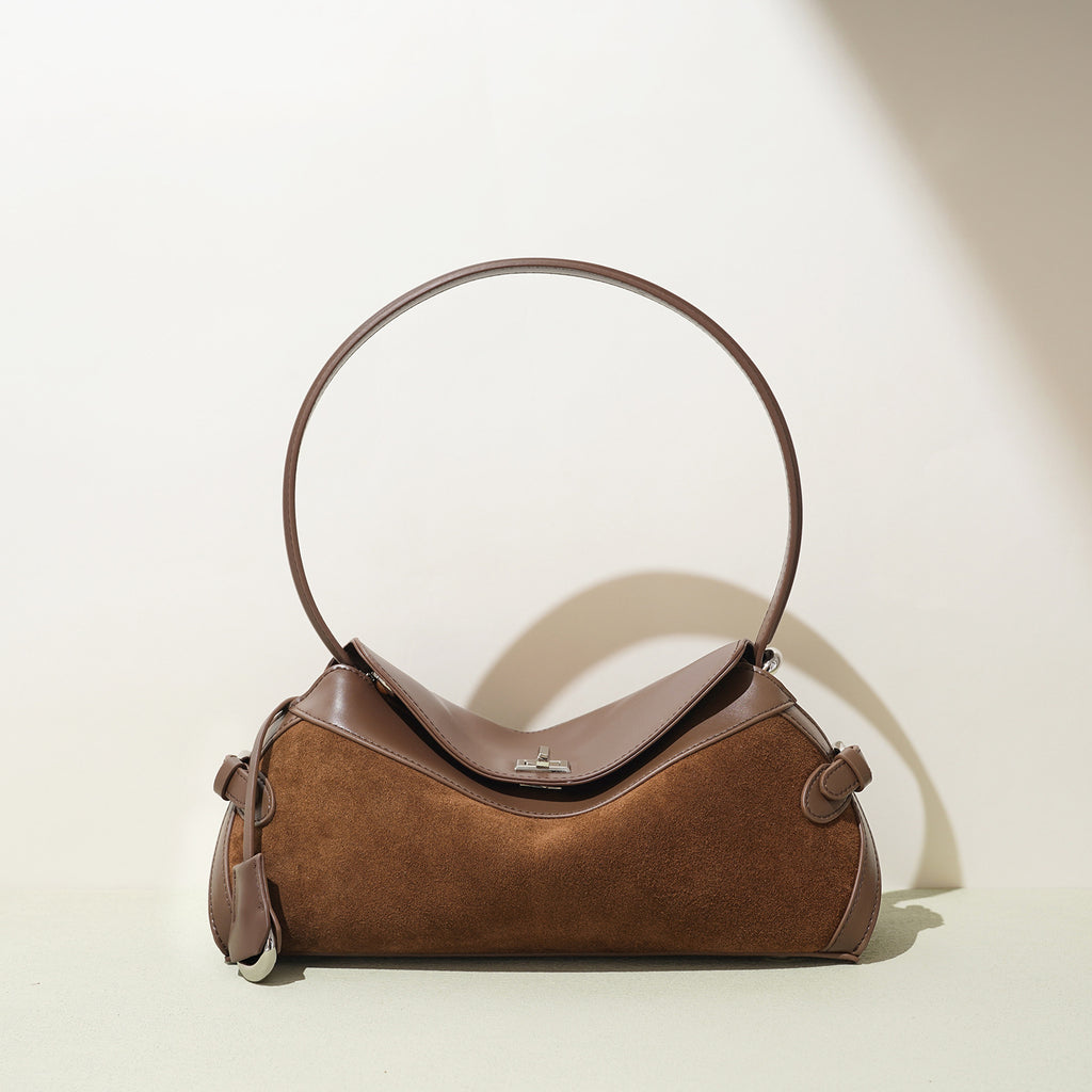 Borsa a Mano in Pelle Scamosciata con Manico Circolare — Design Architettonico - AYA BORSE 