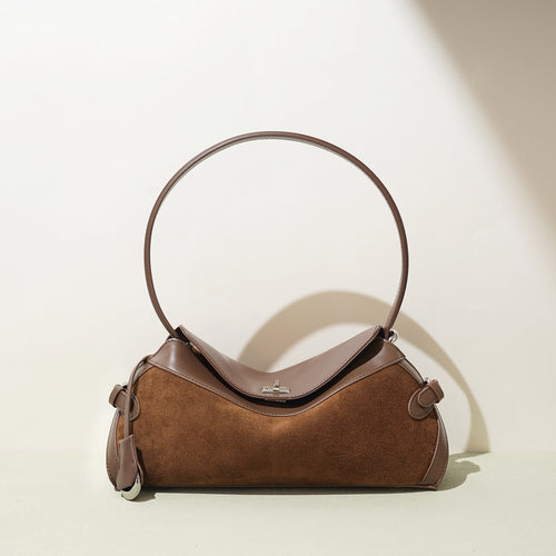 Borsa a Mano in Pelle Scamosciata con Manico Circolare — Design Architettonico - AYA BORSE 