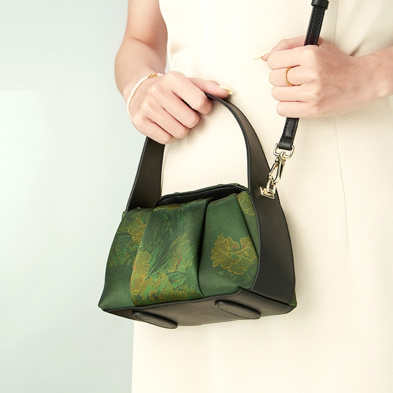 Borsa a Mano in Seta Xiangyun con Stampa Floreale — Verde Smeraldo - AYA BORSE 