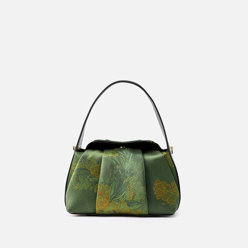 Borsa a Mano in Seta Xiangyun con Stampa Floreale — Verde Smeraldo - AYA BORSE 